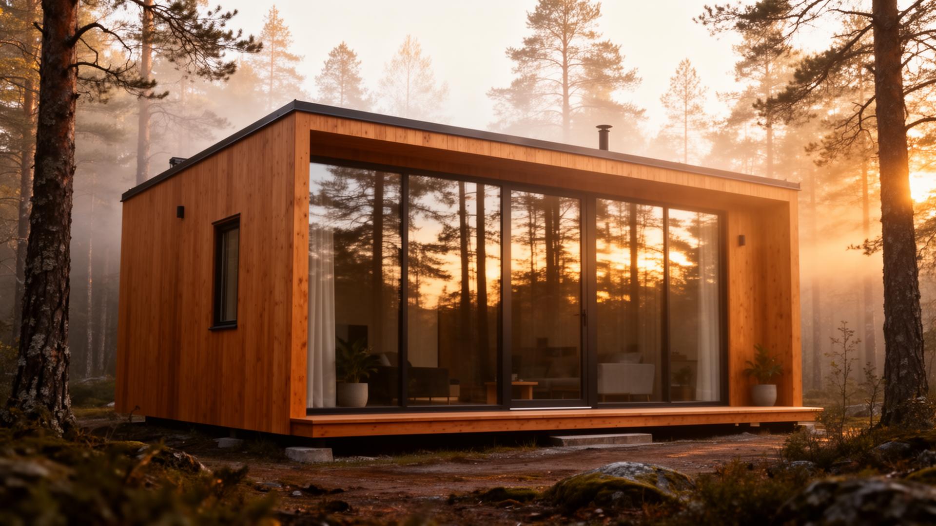Tiny House im nordischen Wald bei Sonnenaufgang